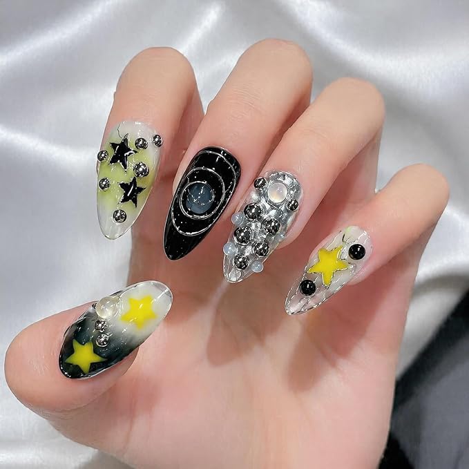 Handmade Press on Nails Medium Almond Gradient Fake Nails with 3D Steel Ball Designs Y2K Metal Embossed Stick on Nails Salon Quality False Nail Summer Stars Acrylic Nail Kit 10pcs (S)
