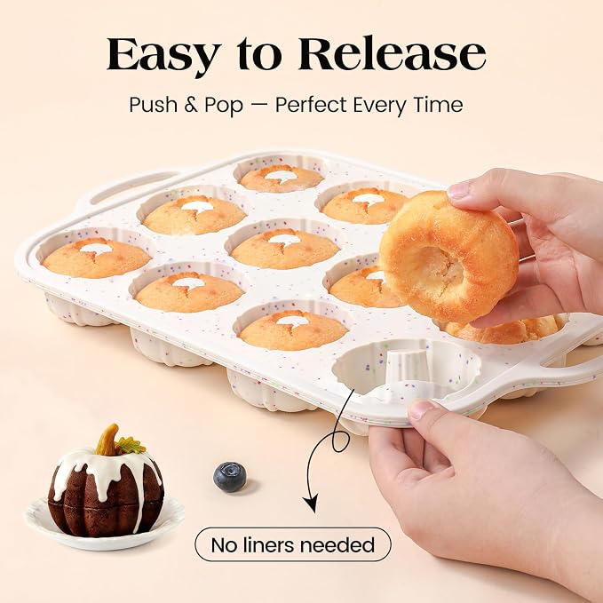 Vinino 3 Inch Silicone Mini Fluted Tube Cake Pans, 2 Pack with Metal Frame | 12-Cavity Mini Cake Mold Set for Batch Baking, Perfect for Flan, Donuts, Muffins, Brownies & Desserts