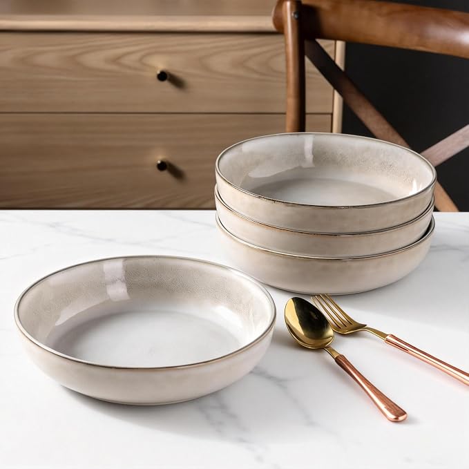 GBhome 8.75'' Large Ceramic Pasta Bowls, 38oz Stoneware Pasta Serving Bowls Set of 4 for Kitchen, Wide Bowls for Fruit,Pasta,Salad,Oatmeal,Meal, Microwave Safe, Reactive Glaze-Cappuccino