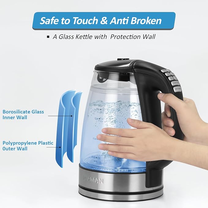 Cool Touch Electric Kettle with 6 Temp Presets for Tea/Coffee | 4H Keep Warm, Borosilicate Glass Inner Wall and PC Outer Wall, BPA free, 1.7L 1500W Fast Boil for Home/Office