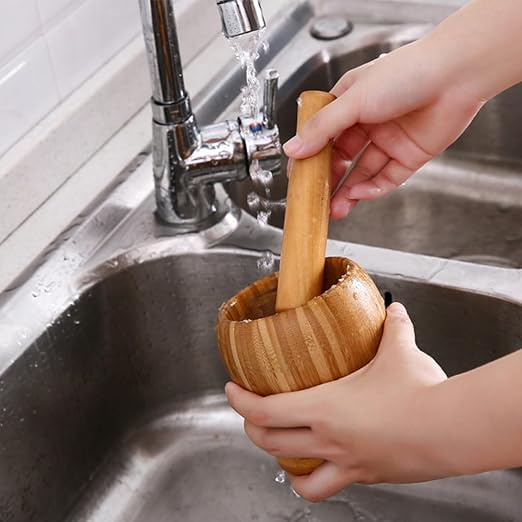 Wooden Pestle and Mortar Bamboo Bowl Set Guacamole Bowl Shell Garlic Pepper Press Mincer Grinder Chopper Crusher Molcajete Mixer for Guacamole,Herbs,Spices,Garlic,Medicine Pills,Seeds - Medium