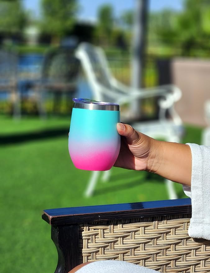 CHILLOUT LIFE 12 oz Stainless Steel Wine Tumbler with Lid - Double Wall Vacuum Insulated Wine Cup Glass Keeping Cold & Hot for Coffee, Champagne, Cocktails, Ice Cream - Powder Coated Aqua Blue/Pink