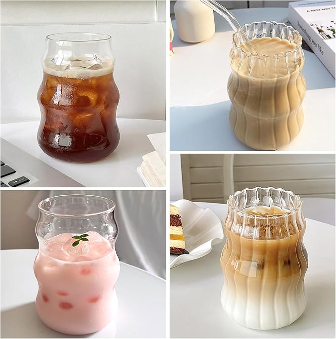 2 Pcs Ribbed Glass Cups 18 Oz Vintage Drinking Glassware Ripple Cocktail Glasses for Iced Coffee Juice Beverage Milk