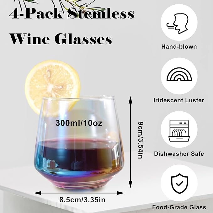 10oz Stemless Champagne Flutes, Iridescent Champagne Glasses, 4 PCS | Clear Crystal Glass Cups, Dishwasher Safe Wine Glasses Set for Champagne Cocktail Juice, Unique Gifts for Wine Enthusiasts