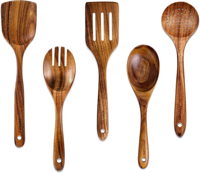 Wooden Kitchen Utensil Set, 5 PCS Natural Teak Wooden Spoons for Cooking | Wooden Spoons for Cooking with Comfort Grip, Smooth Durable Heat Resistant Cooking Spoons and Cooking Utensils for Cooking