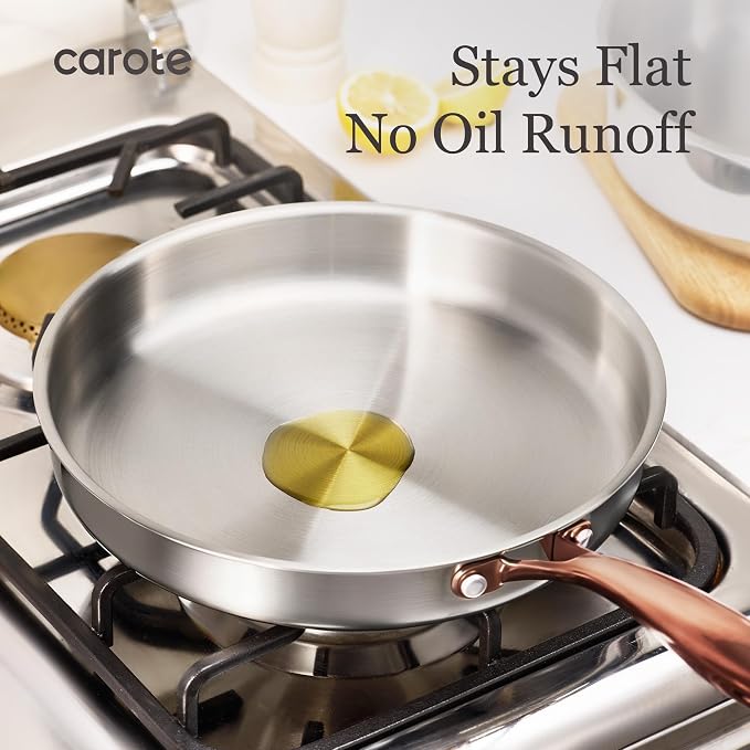 CAROTE 7-Piece Tri-Ply Stainless Steel Frying Pan Set, Skillet Set 8"/10"/12", Induction Compatible, Oven & Dishwasher Safe, Gold Handle