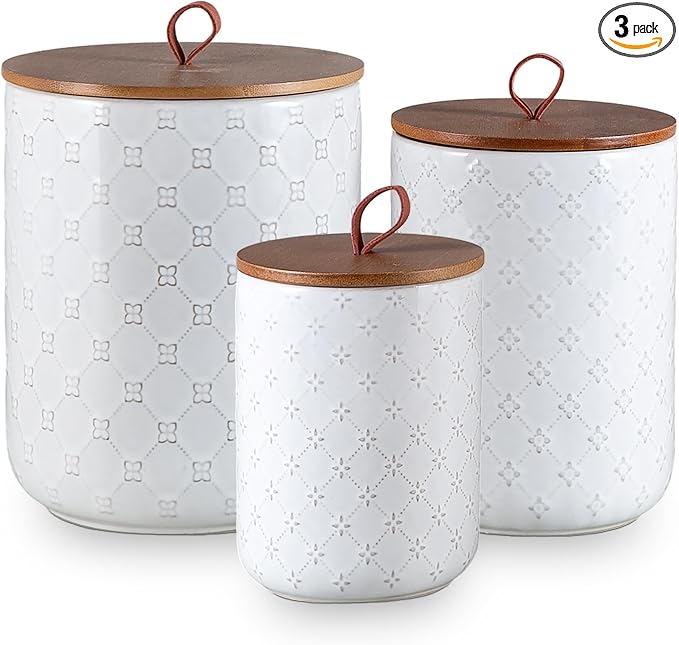White Ceramic Canisters Set with Airtight Lids, 82/48/30 oz Coffee Canisters Sets for the Kitchen, Large Jars for Flour, Sugar, Pasta, Coffee, Cookies, Tea - Set of 3, Embossed Pattern