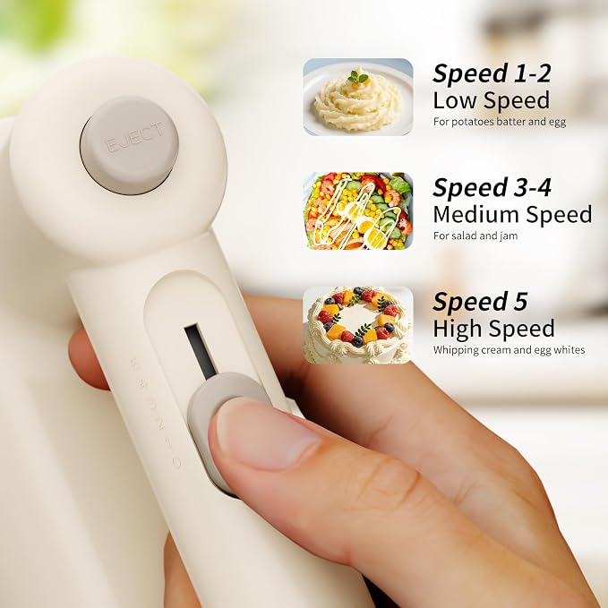 Hand Mixer Electric 5-Speed Upgraded Motor Turbo White | Electric Handheld Hand Mixer with Stainless Steel Beaters&Dough Hooks,Turbo Ultra Power Plus Eject Button for Cakes and Eggs