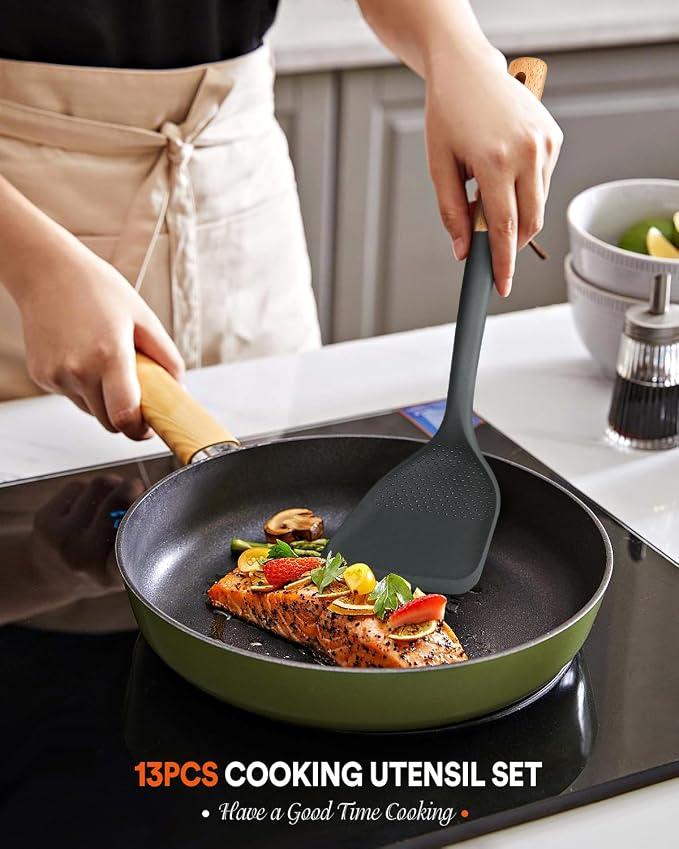 13PCS Silicone Kitchen Utensils Set for Nonstick Cookware, Grey | Food Grade, Heat Resistant Kitchen Utensil Spatula Set, Wooden Handles Kitchen Gadgets Tools Set