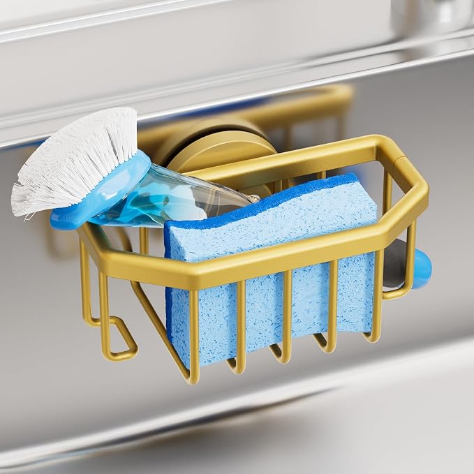 TAILI Sponge Holder for Kitchen Sink with Strong Suction Cup-Gold | Removable Sink Caddy for Kitchen Sink Oganizer, Rustproof Aluminum Sink Sponge Holder for Scraper Brushes, Stoppers