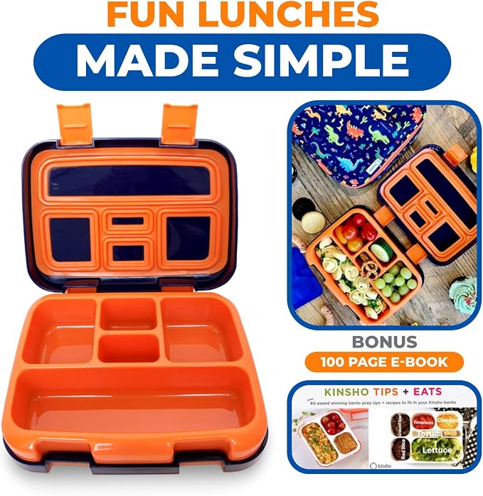 kinsho Dinosaur Bento Lunch Box Container for Small Kids Boys, Blue Orange | 5 Portion Sections, BPA-Free Spill-Proof Leakproof Removable Plastic Tray, Snacks and Lunches for Toddlers Pre-School Daycare