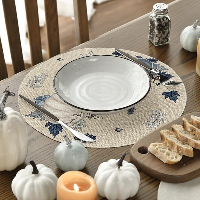 Artoid Mode Navy Blue Pumpkins Round Fall Placemats Set of 4-14 Inch | Heat-Resistant, Washable Table Mats, Seasonal Autumn Kitchen Dining Decor
