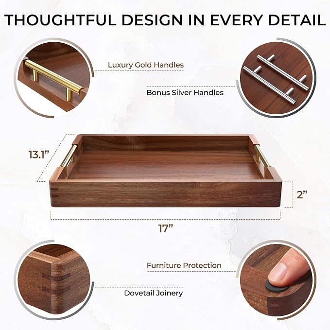 Acacia Wood Serving Tray with 2 Sets of Handles (Gold & Silver) - 17" Large Wooden Tray for Ottoman Coffee Table, Decorative Tray for Living Room & Kitchen - Solid Wood Table Topper