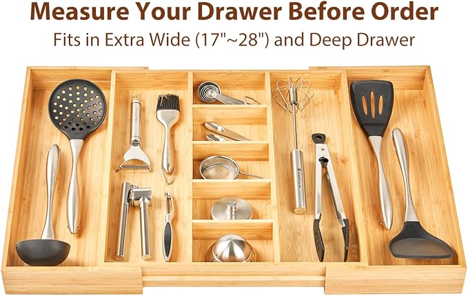 Extra Large Expandable Kitchen Drawer Organizer for Utensil and Junk, 19" Deep for Big Drawer, 17" to 28" Adjustable Bamboo Wood Drawer Divider, Cutlery Tray, Flatware Holder