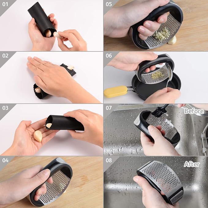 Garlic Press Rocker, Stainless Steel Garlic Crusher, Mincer and Chopper | Garlic Squeezer Easy Kitchen Gadget with Silicone Tube Garlic Peeler and Cleaning Brush Tool Set for Effortless Smashing
