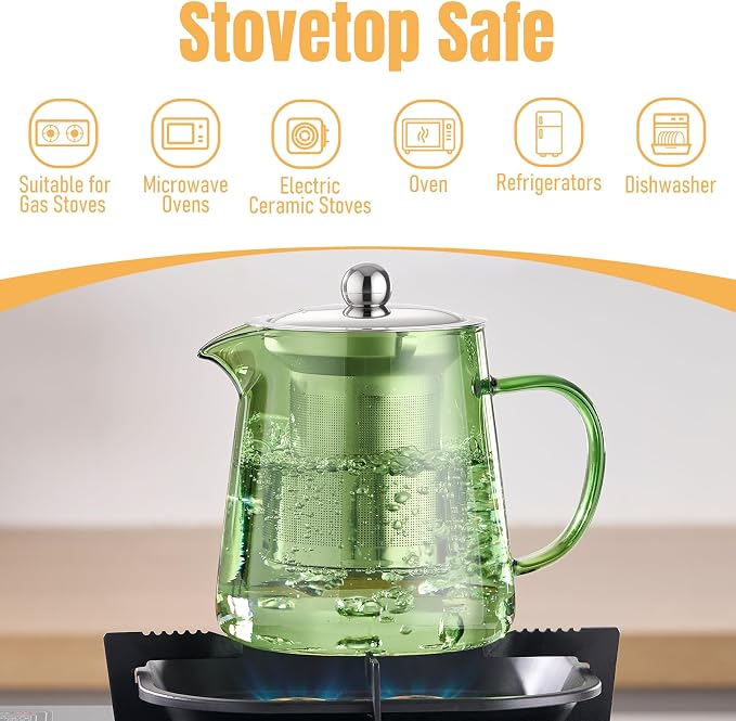 PARACITY Tea Kettle with Infuser, Glass Teapot Stovetop, 18.6 fl oz, 550 ml | (Green) Clear-glass tea maker with removable 18/8 steel infuser for blooming or loose leaf tea; made of borosilicate glass