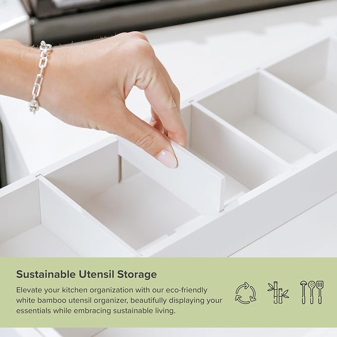 Utensil & Junk Drawer Organizer, 10.5-19 in, White Bamboo | Food-safe contract grade, 100% sustainable wood, non-slip, adjustable