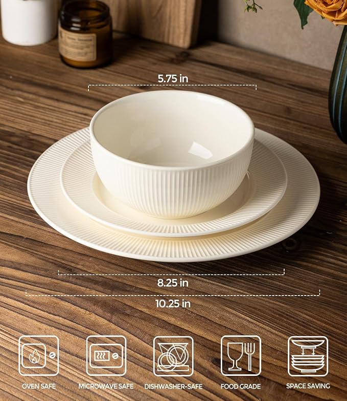 Ceramic Dinnerware Set for 6, 18-Piece Plates and Bowls Set | Lightweight Porcelain Dish Set, Scratch Resistant, Oven & Microwave & Dishwasher Safe, Ivory