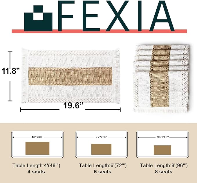 Boho Placemats Set of 6, Macrame Table Mats Farmhouse Dining Decor | 12x20" Woven Burlap Place Mat with Tassel for Kitchen and Dining Table Centerpiece Home Decorations Rustic Boho Kitchen Decor