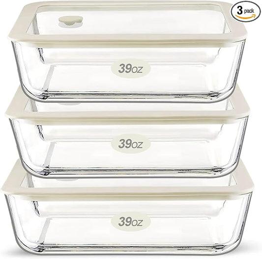Glass Food Container Set with Glass Lid, 3 Pack, Food Storage Containers Set, Airtight, LeakProof, 100% Plastic Free, Meal Prep Containers (White Color)