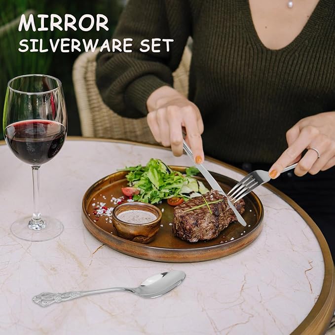 Silverware Set for 12, Stainless Steel Gorgeous Retro Royal Flatware Set, 60-Pieces Cutlery Tableware set, Kitchen utensils set Include Spoons And Forks Set, Mirror Finish, Dishwasher Safe