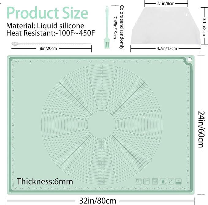 Silicone Pastry Mat 32" x 24", Extra Thick Non-stick Dough Rolling Mat | Anti-slip, Heat Reststant, Dishwasher Safe,With Cable Ties, Crem Scraper, Pastry Brush