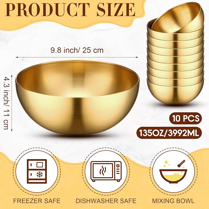 Nuogo 10 Pcs 9.8 Inch Gold Bowls Stainless Steel Esthetician Facial Bowls | Multi-use for Spa Facials Baking Serving, Christmas Wedding Decor, Professional Mixing Prep, Salad Fruit Candy Display Bowls