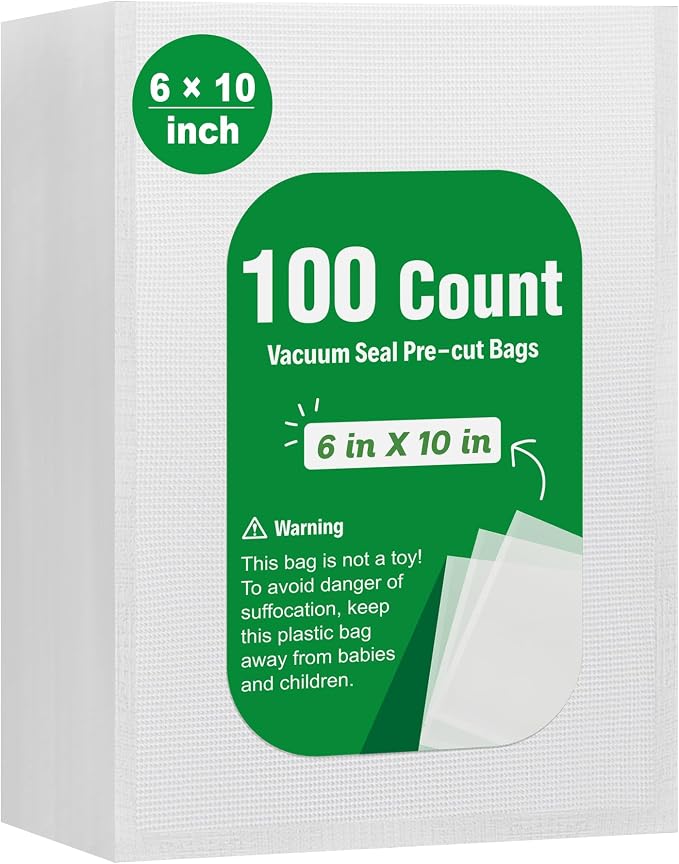 Syntus 100 PCS Vacuum Sealer Bags, Pint Size 6" x 10" Precut Seal Bags | BPA Free, Single-Side Textured, Microwave Sous Vide Cooking, Prevent Freezer Burn, 4mil Thick, Works with Most Vacuum Sealers