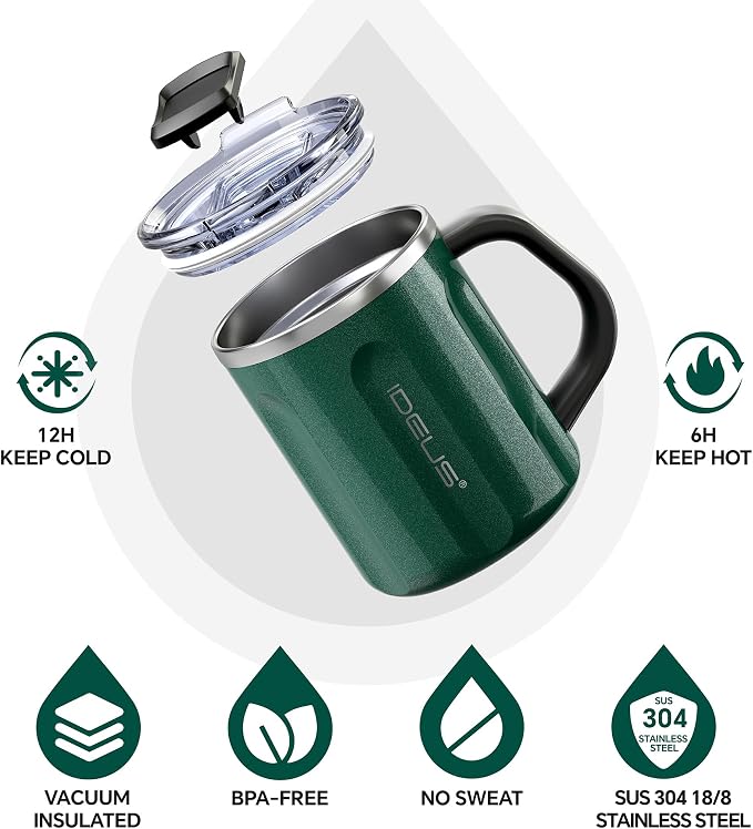 Ideus 16 oz Insulated Coffee Mug with Handle and Lid, Double Wall Stainless Steel Vacuum Thermal Coffee Mug, Travel Coffee Cup Thermal Cup for Home and Office, Deep Green-FUJI FLOW