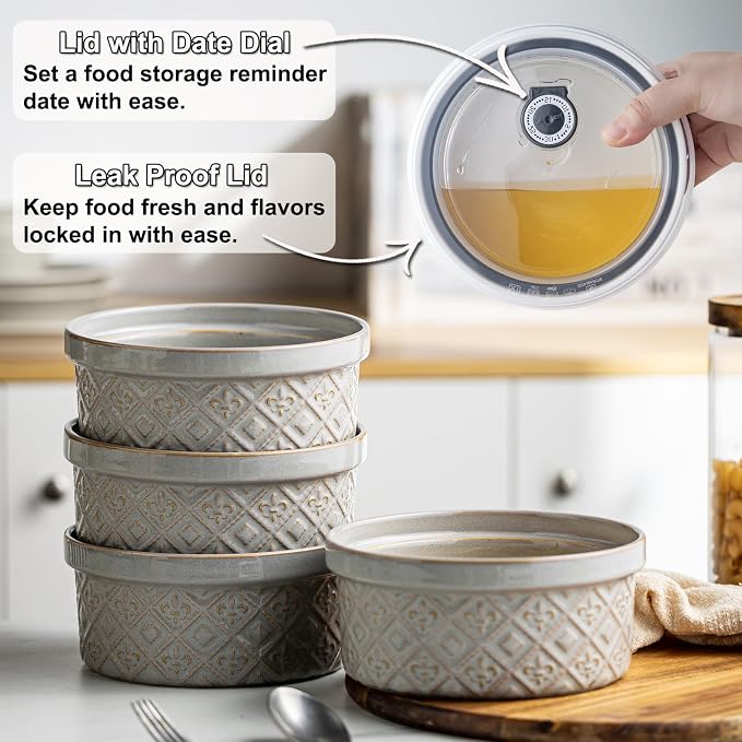 Ceramic Bowls with Lids set of 4, Soup Bowls, 28 oz Ramekins Baking Dishes for Kitchen, Food Storage Container Bowls Oven Safe, Bowls for Salad, Snack, Oatmeal, Fruit, Gifts, Grey