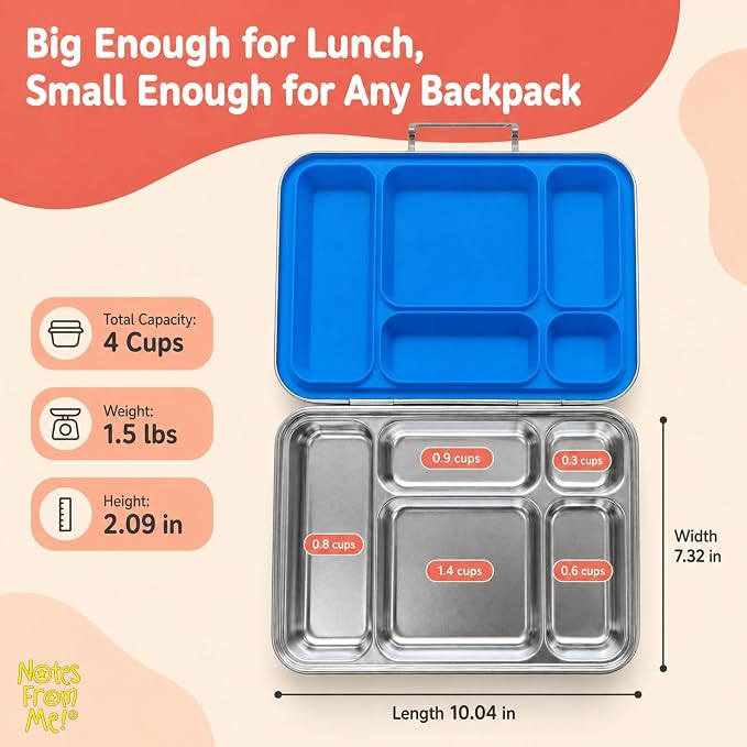 Stainless Steel Bento Lunch Box for Kids – 5 Leakproof Compartments, Food-Grade 304 Steel, Plastic-Free BPA-Free Kids Bento Box for School, Daycare & Travel - Blue