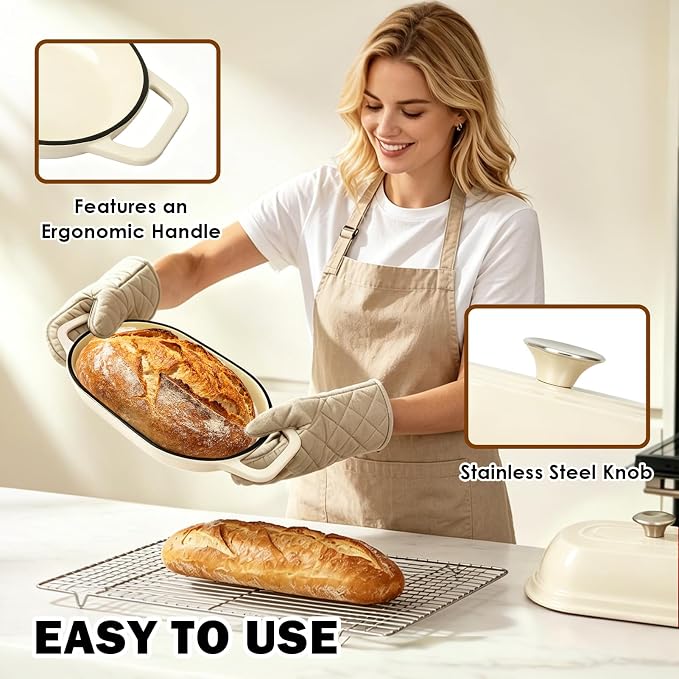 Wdmiya Dutch Oven for Sourdough Bread Baking, Shallow Base & Dome Lid 5 QT | Enameled Cast Iron Bread Baker for Batards & Boules, Easy-Clean Enamel, 500°F Oven Safe, Cream White, 11.5" x 7.8"