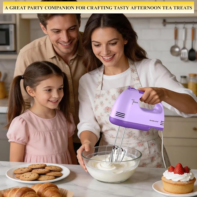 BAIGELONG Hand Mixer. 7-Speed Adjustable Kitchen Electric Mixer. With 5 Stainless Steel Attachments: 2 Hooks, 2 Beaters, 1 Whisk. Comes 1 Storage Box. Perfect for Bakers and New Starters. Purple