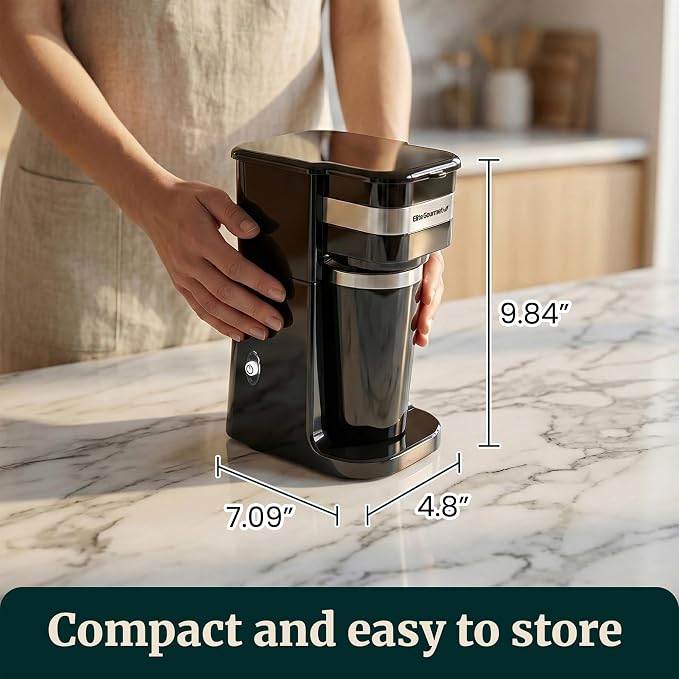Elite Gourmet EHC113 Personal Single-Serve Compact Coffee Maker, Black | Includes 14oz stainless steel interior thermal travel mug, reusable filter - compatible with coffee grounds