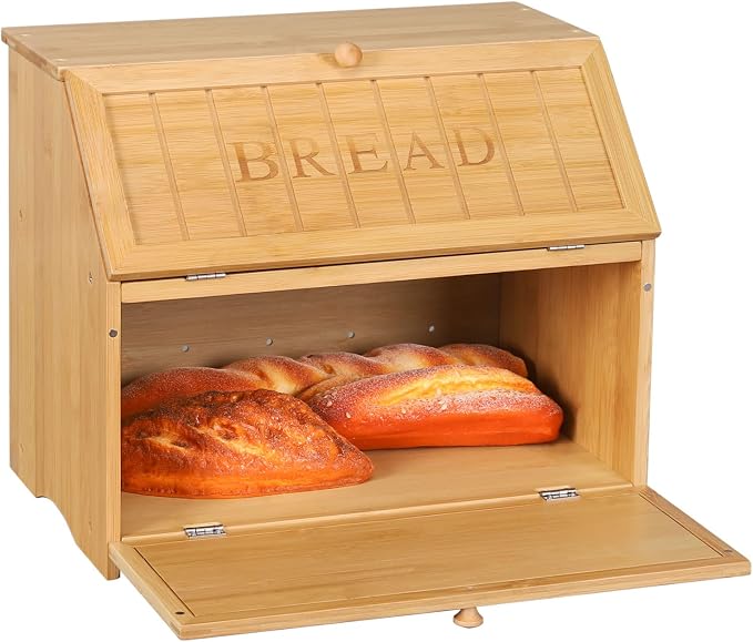 HOMEKOKO Vintage Double Layer Large Bread Box, Retro Design, Natural Bamboo | Keeps Bread Fresh 3-4 Days, 2-Tier Capacity Fits 2+ Loaves,Suitable For Farmhouse/Rustic Kitchens Use, Retro Design