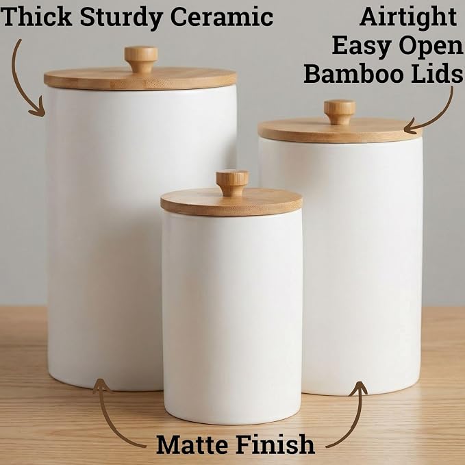 Ceramic Kitchen Canisters for Countertop Set of 3 w/ Airtight Bamboo Lids | Thick Sturdy Ceramic, Matte Finish, Airtight Easy Open Bamboo Lids, Comfortable Bamboo Handles, Jar Volumes: 2, 1, 0.5 quarts