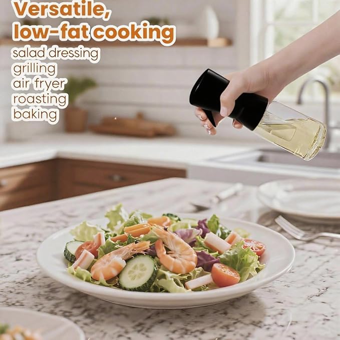 Olive Oil Sprayer for Cooking, 220ml Glass Oil Dispenser | Kitchen Gadgets, Food Grade Premium Spray Bottle, Continuous Spray with Portion Control, for Salad, Frying, BBQ