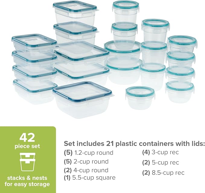 Snapware Plastic Total Solution (21-Pack) Large Food Storage Containers Set | Meal prep containers with plastic BPA-free lids with 4 locking tabs, microwave, dishwasher, & freezer safe