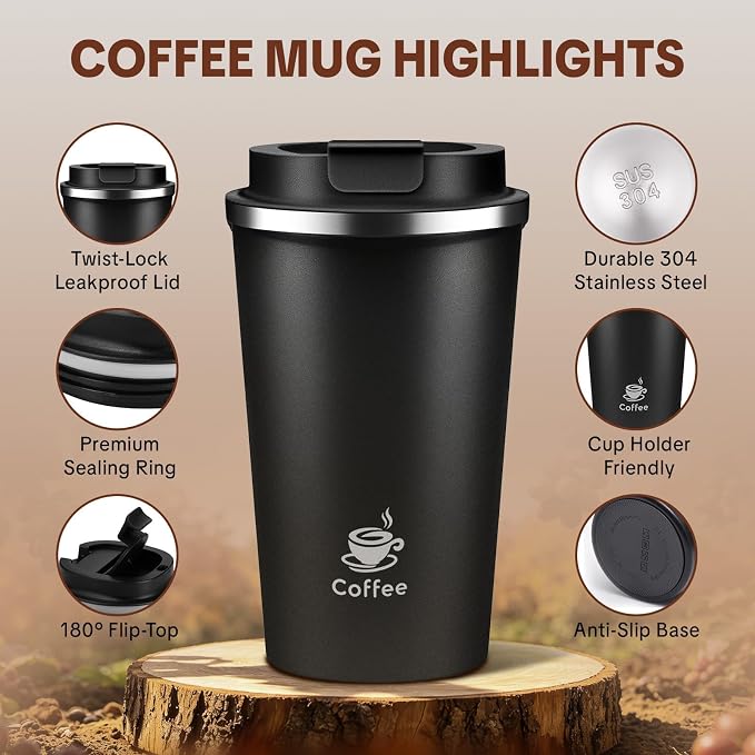 17oz Travel Coffee Mug ,Leakproof Vacuum Coffee Cup Insulated Tumbler | 304 Stainless Steel, Double-Wall Vacuum Insulated, Leakproof, Fits Hot & Cold Drinks Car Cup Holders, Travel, Office