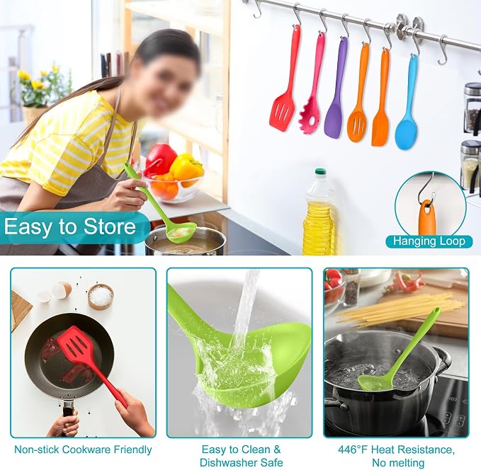 TeamFar Silicone Cooking Utensil Set of 7, Kitchen Cooking Utensil Set | Multi-Color Kitchen Tools Turner Spoon Spatula Ladle for Nonstick Cookware, Healthy & Heat Resistant & Dishwasher Safe