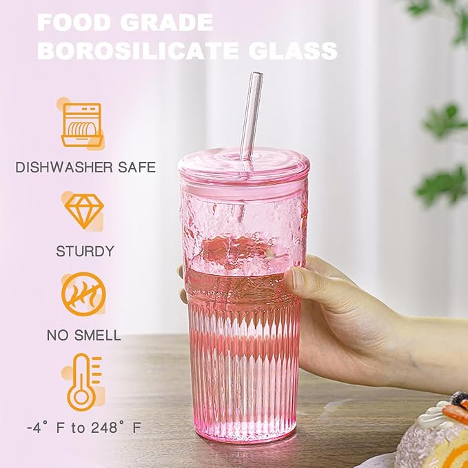 JunVpic Glass Coffee Tumbler, 20 oz Glass Cup with Lid and Straw | Pink glass design, Hammered Texture, reusable straw and lid for iced coffee, tea, smoothies and hot & cold drink