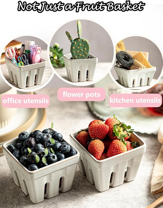 Gomakren Ceramic Berry Basket Set of 2, Square Fruit Bowl with Holes, Small Fruit Basket Containers for Kitchen Counter, Berries, Strawberry, Grape, Cherry, White