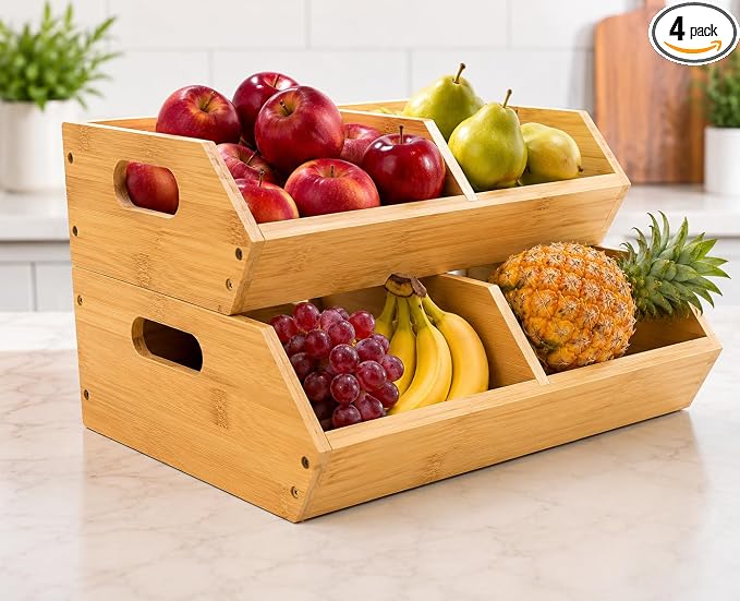 2-Pack Stackable Vegetable Storage Bins, Kitchen and Pantry Organizers and Storage Baskets, for Fruit, Vegetable, Produce, Bread, Potato Onion and Snacks, Bamboo Kitchen Storage Containers
