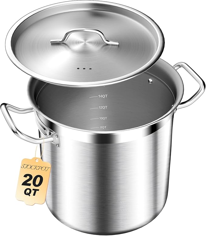 STOCKPOT 20 Quart Soup Pot with Lid – Stainless Steel Stock Pot, Heavy Duty Cooking Pot for Soup, Pasta, Stew – Induction & Oven Safe, Commercial & Home Use