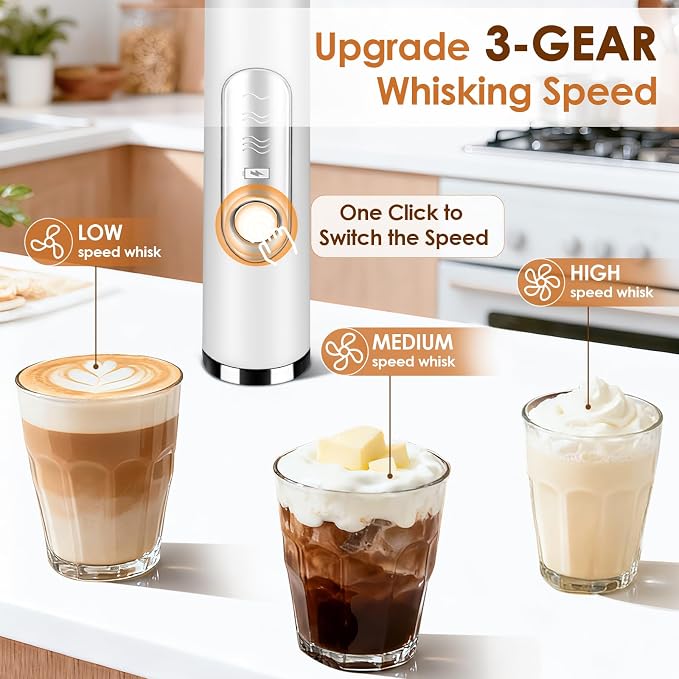 Handheld Milk Frother, Rechargeable Milk Frother, Coffee Mixer Wand, White | Electric Drink Mixer with 2 Stainless Steel Whisks 3 Speeds, Frother Wand for Latte, Cappuccino, Matcha, Hot Chocolate, Egg