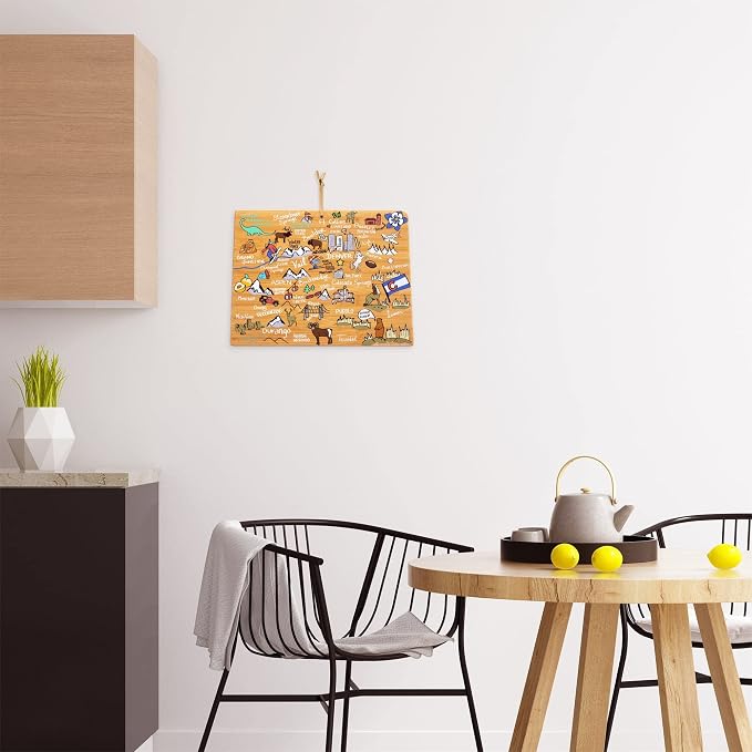 Totally Bamboo Colorado State Shaped Cutting Board, Art by Fish Kiss | State charcuterie board with colorful hand-drawn map artwork. Smooth reverse side for food prep. Hang tie for wall display.