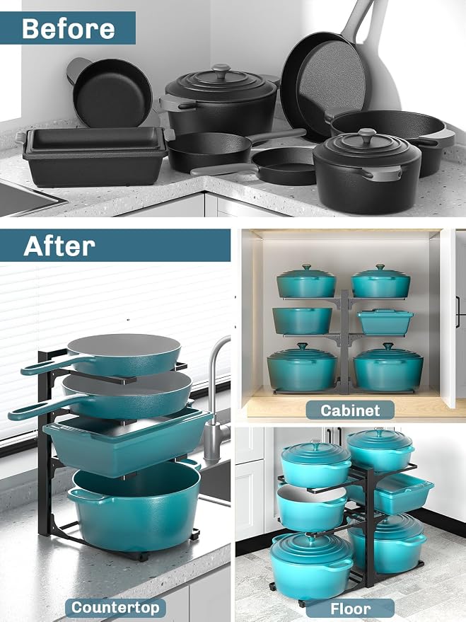MUDEELA 6-Tier Heavy Duty Pots and Pans Organizer under Cabinet, 13.78" H | Work as a Single or Double-sided, Adjustable Pot Rack for Frying Pan, Cast Iron Skillet, Fits Various Cookware up to 12"