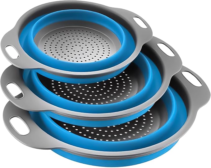 Collapsible Colander Set of 3, Space-Saving Foldable Strainer for Kitchen | 3 Sizes Food Strainer for Draining Pasta, Vegetable and Fruit, Kitchen Gadgets for Home Use and Outdoor Camping (Blue)