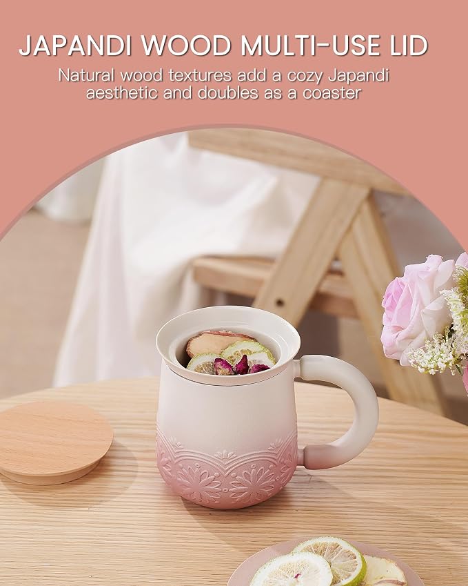 ZENS Tea Mug with Infuser and Lid for Loose Tea Diffusers, 12oz Pink | Embossed Ceramic Tea Cup with Infuser for Herbal Tea Steeper, Tea Lovers Gifts, Japandi Style Sunflower