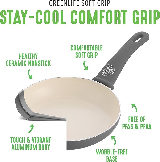 GreenLife 16 Piece Ceramic Nonstick Pots & Pans Cookware Set, Gray | PFAS-Free Nonstick Coating, Stockpot, Frying Pans, Saucepans, Sauté Pan, Stay-Cool Handles, Dishwasher & Oven Safe up to 350F